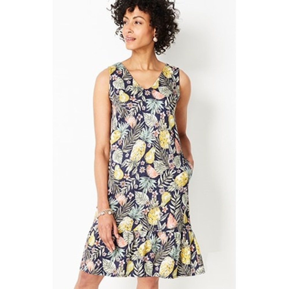 J. Jill Flounced Hem Double V-neck Knit Dress Fruit Print Size Medium Petite